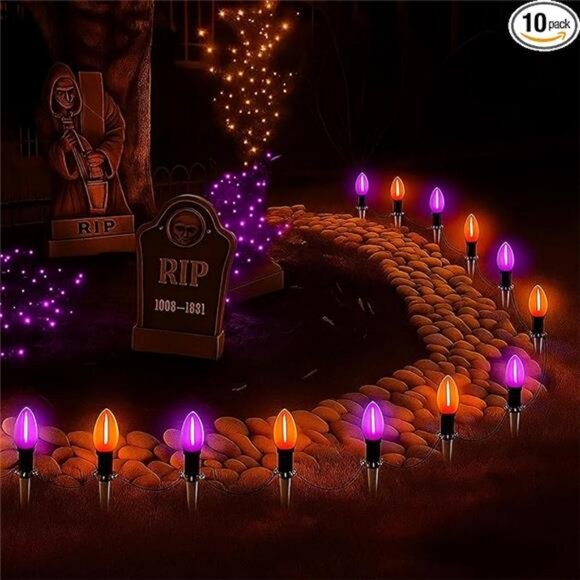 Halloween Pathway Lights, 10 Pack C9 LED Stake Lights with Purple & Orange - Picture 8 of 8